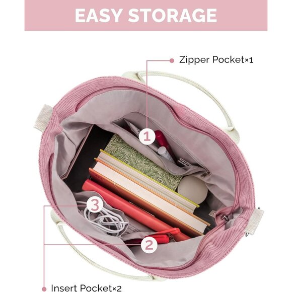 Prite Women Pink Corduroy Large Hobo Shoulder Crossbody Tote Bag With Pockets - Picture 4 of 6